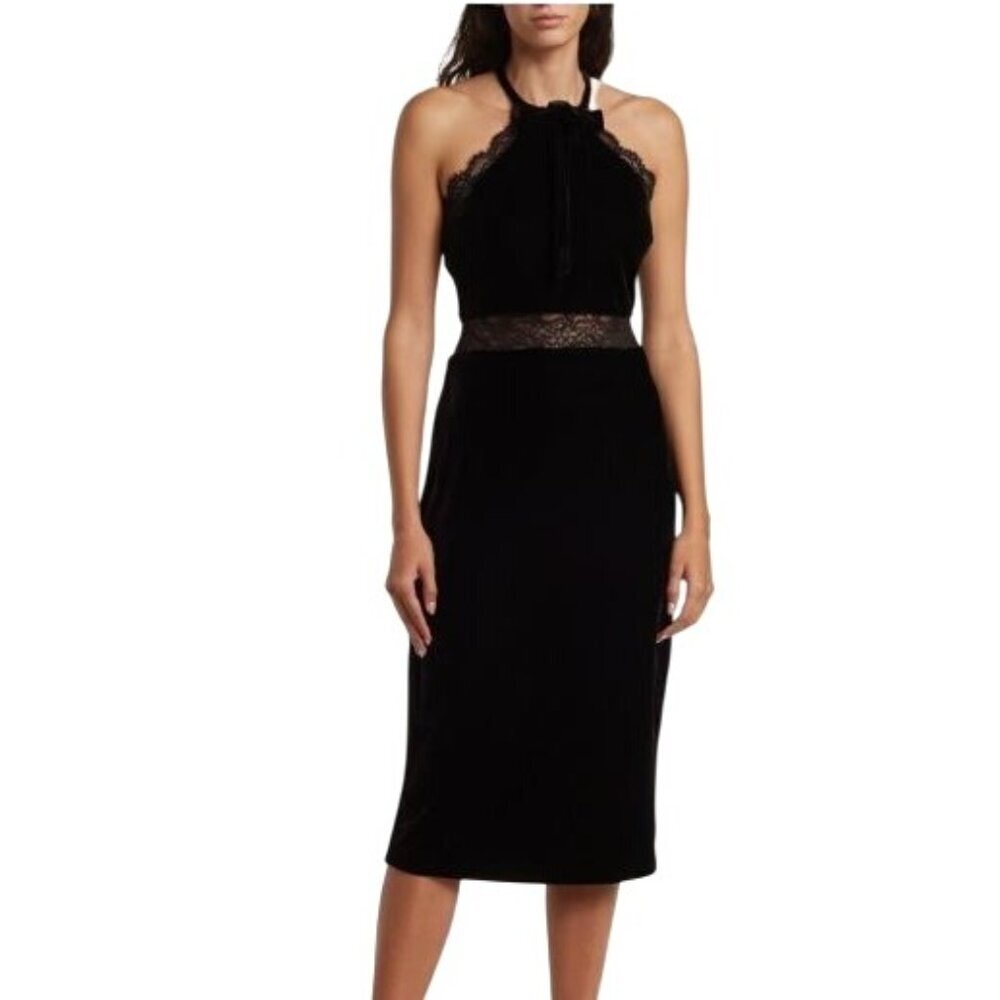 BCBG Women's Dress Lace Trim Sheath Black Velvet Lace Section Sleeveless Large
